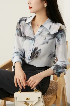 2023 Novo de Popelina de Verão das Mulheres Blusa de Moda Casual Simplicidade Tops de Tinta de Impressão de Manga comprida Lapela Gola de Camisa