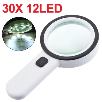 30x Portátil de Leitura lente de aumento Iluminado Com 12 LED Lente do Microscópio Portátil Jóias Lupa de Leitura de Vidro Ferramenta de Reparo