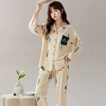 Alta Qualidade de Primavera e Outono, 100% Cottton Mulheres Pijama Conjunto Vire para baixo de Gola Manga Longa Pijamas Feminino Floral Pijamas