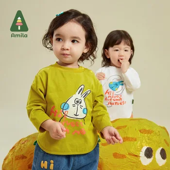 Amila T-shirt para o Menino Menina 2023 Outono Novo Multi Cor de Roupa 100% Algodão Moda volta do Decote Roupa do Bebê Respirável do Bebê