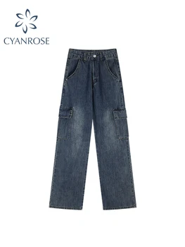 As mulheres do Vintage Azul, calças de Brim de Carga de 90 Estética Y2k de Cintura Alta Jeans Denim, Calças de Harajuku Pippie de Perna Larga Cowboy Calças Roupas