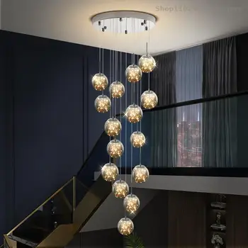Bola de vidro Abajur de Teto, Lustres Modernos LED luminária Escada Duplex Edifício Villa Loft Oco Sala de estar Luzes