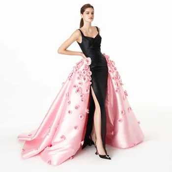 Chique Preto e Rosa, Festa Formal Vestidos com 3D Floral Elegante Overskirt Longo Vestido do Baile de finalistas com Trem Destacável Mulheres Vestido de Evento