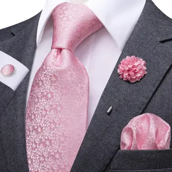 Cor-de-rosa Sólido Floral Mens Gravata Luxo de 8,5 cm de Largura de Seda do Casamento Empate Bolso Quadrado Cufflink Conjunto Broche de Presente Para os Homens Hi-Laço Designer