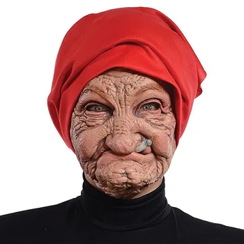 [Engraçado] Halloween lenço Vermelho de Fumar avó máscara de látex cabeça, cobrindo o Traje de festa a Fantasia Anime show no palco adereços presente