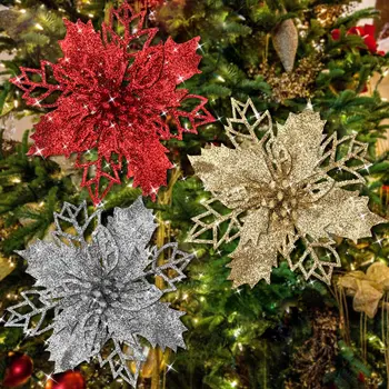 Falso Flores Decorações para Árvores de Natal 12PCS Glitter Flores Artificiais Ano Novo de Decoração de Casa de Festa de Casamento Decoração