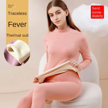 Inverno Média Alta Pescoço de roupa interior Térmica de Mulheres de Pelúcia Engrossado Terno alemão Calças de Veludo +Camisa de Assentamento