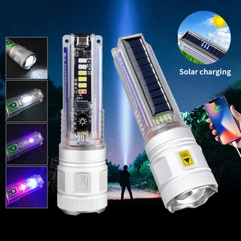 Lanterna elétrica Solar Telescópica com Zoom Lanterna Multi-Fonte de luz Portátil de Iluminação de Emergência Tático Lanterna de Campismo Luz da Tocha