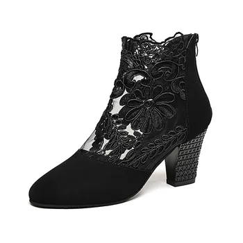 Laço preto de Malha Bomba Ocos Respirável Sandal Boot Exterior de Moda Casual Chunky Salto Leve Retro Sapatos femininos