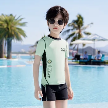 Menino trajes de banho 2pcs de Curto Manga Piscina de Surf Terno de Mergulho para Crianças Protetor solar trajes de Banho Adolescente Praia Rápida Secagem de Roupa