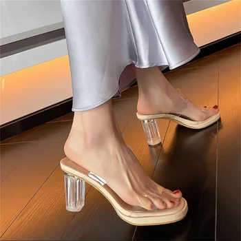 Moda fadas do vento cristal quadrado sandálias das mulheres de verão transparente antiderrapante e salto alto impermeável plataforma robusta chinelos de quarto