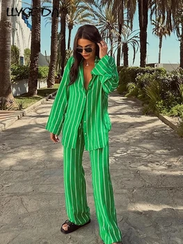 Moda Verde Pijama Listrado Conjuntos Para As Mulheres 2023 Chique Camisas Manga Longa Solta Cintura Alta, Calças De 2 Peças De Casa, Feminino Outifit