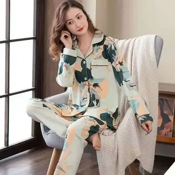 Mulheres Loungewear Elegante das Mulheres de Loungewear Conjunto de Lapela Pescoço Pijama com Elástico na Cintura Impresso Calças compridas para a Primavera Outono