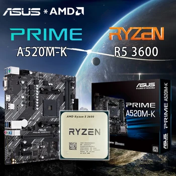NOVO AMD Ryzen 5 3600+ASUS PRIME A520M-K Soquete AM4 placa-Mãe DDR4 64GB PCI-E 3.0 de M. 2 portas SATA 6 Gbps A520 placa-mãe AMD CPU Terno