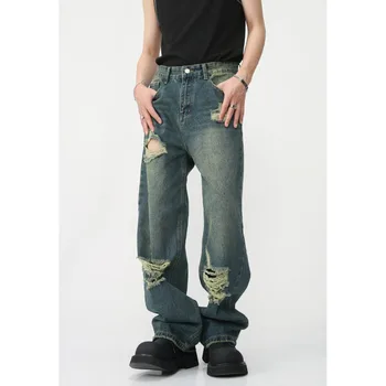Novo Estilo coreano Vintage Baggy Jeans Rasgados Homens Tendência Lavado Velho de grandes dimensões de Perna Larga Calças Jeans Masculina de Hip-hop e Streetwear Solto
