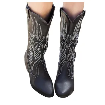 Novo Western Cowboy, Botas de Mulheres da Moda de Inverno Deslizar Sobre Botas de Senhoras Exterior Flor Praça Saltos de Sapatos botas para mulheres