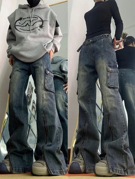 O Punk Moda Streetwear Zíperes, Bolsos Y2k Calça De Cintura Alta Solta Wide Leg Jeans Mulheres 2023 Primavera Harajuku Grunge Pantalon