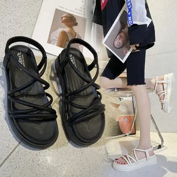 Sandálias de Tiras de 2023 Mulheres Sandálias de Plataforma Sapatos de Senhoras de Verão Cruz Cruz-Calçados Tamancos Com Salto de Terno Feminino Bege Novo Fa
